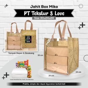 Tas berkat box mika transparan ukuran 30x24x24 cm dengan bahan spunbond texture dan tali jahit untuk nasi kotak serta hajatan