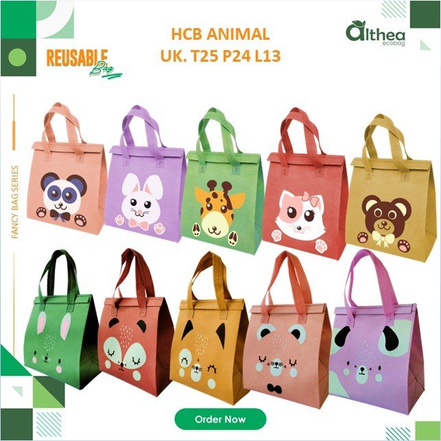 Cooling Bag Bahan Spunbond Tas Makanan Anti Air Tas Bekal 25x24x13 Sablon Animal Murah