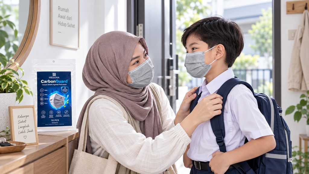 Ibu dan anak menggunakan masker untuk aktivitas harian sebelum berangkat sekolah
