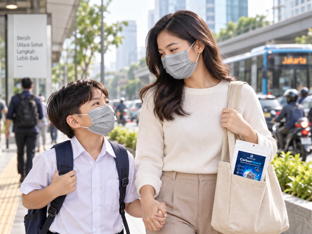 Ibu dan anak memakai masker saat beraktivitas di lingkungan perkotaan
