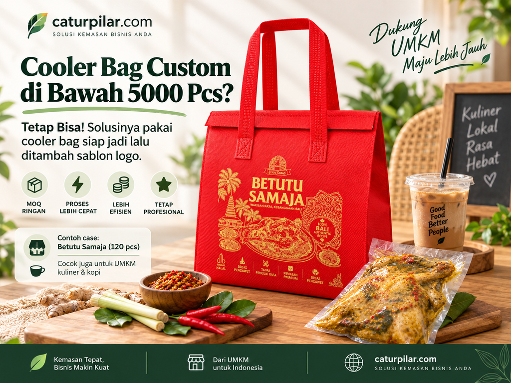 Cooler bag custom Betutu Samaja warna merah dengan sablon logo untuk kebutuhan 120 pcs UMKM kuliner