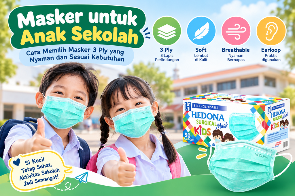 Masker untuk anak sekolah Hedona Kids 3 ply dengan model earloop dan desain menarik