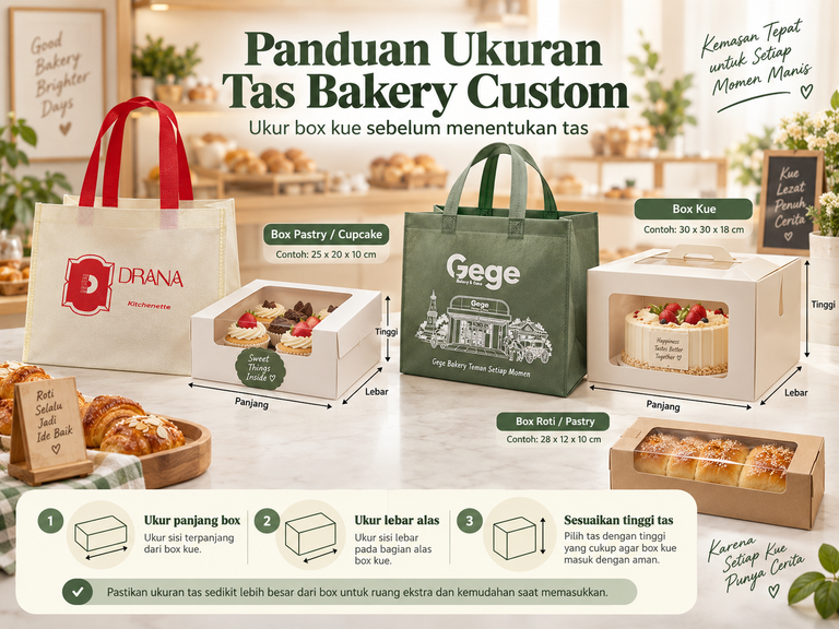 Panduan ukuran tas packaging bakery custom untuk box kue dan roti dengan contoh tas spunbond Drana dan Gege Bakery