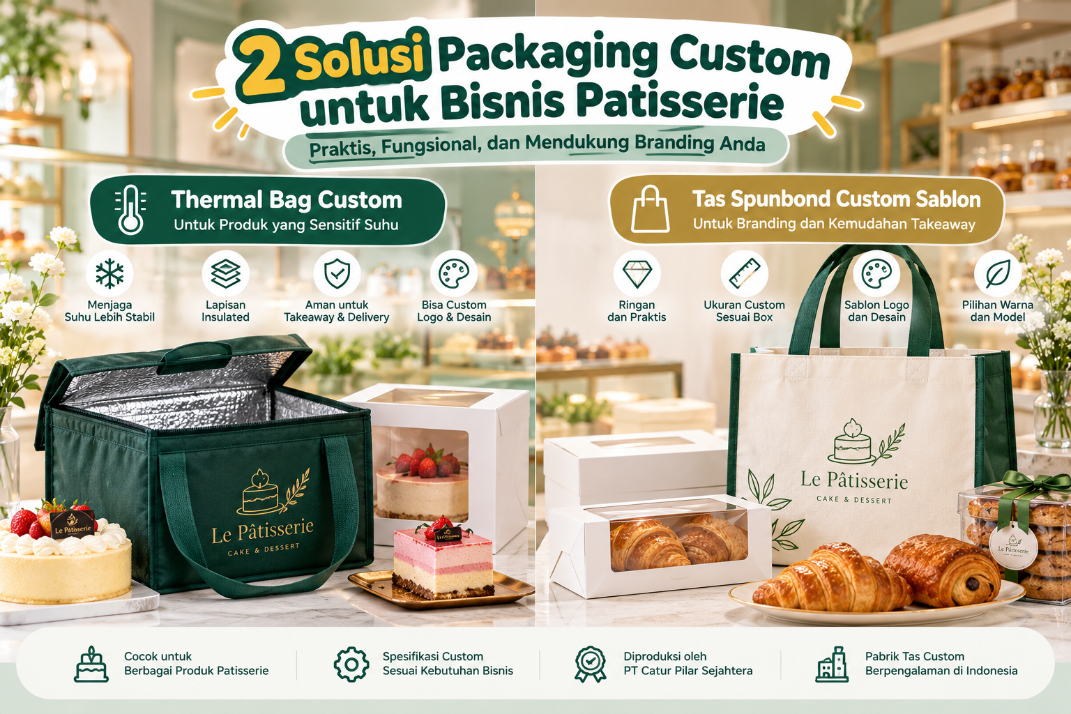 Perbandingan thermal bag custom berinsulasi dan tas spunbond custom sablon untuk packaging patisserie