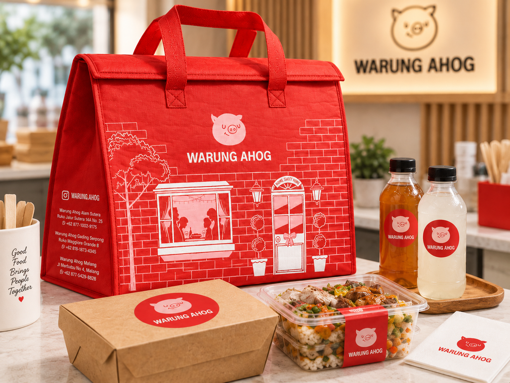 Custom cooler bag untuk bisnis makanan contoh Warung Ahog