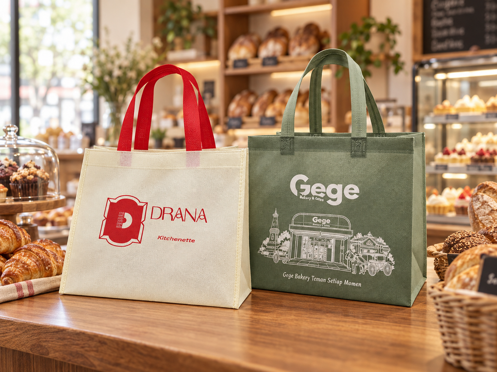 Tas spunbond custom warna hijau Gege Bakery dengan sablon logo putih untuk kemasan roti dan kue